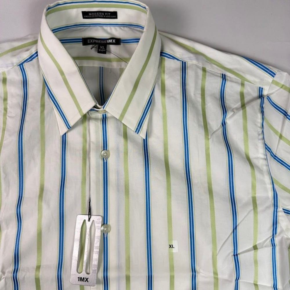 Express 1MX Modern Fit Mens XL Long Sleeve Striped Dress Shirt White Blue Green